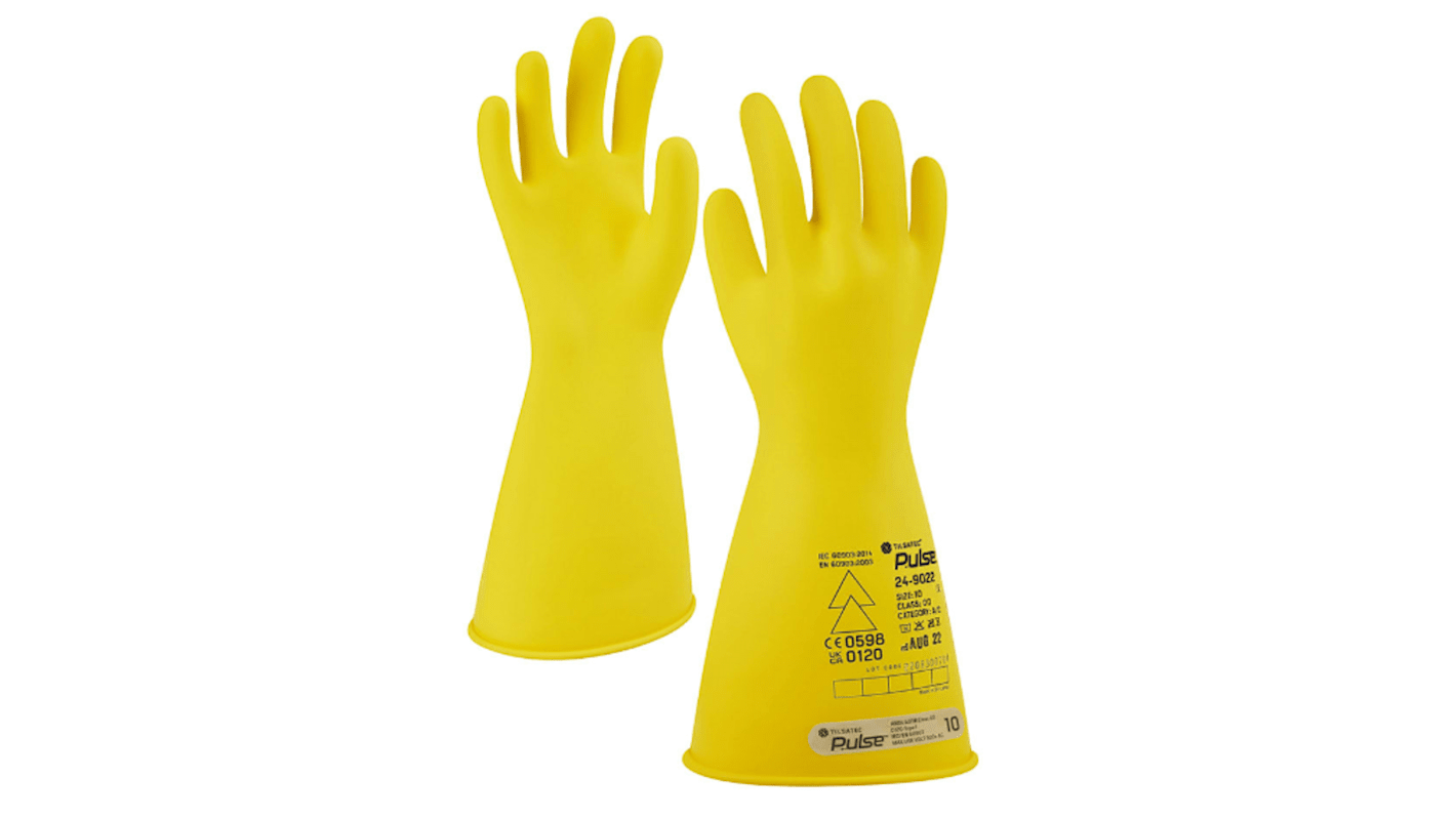 Tilsatec Pulse Yellow Rubber Electrical Safety Electrical Insulating Gloves, Size 9, Large, Latex Coating