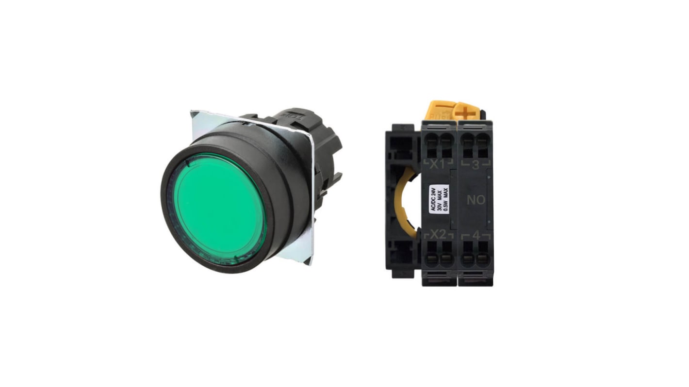 Bouton-poussoir série A22NL, Momentané lumineux, LED Vert, SPST, Montage panneau