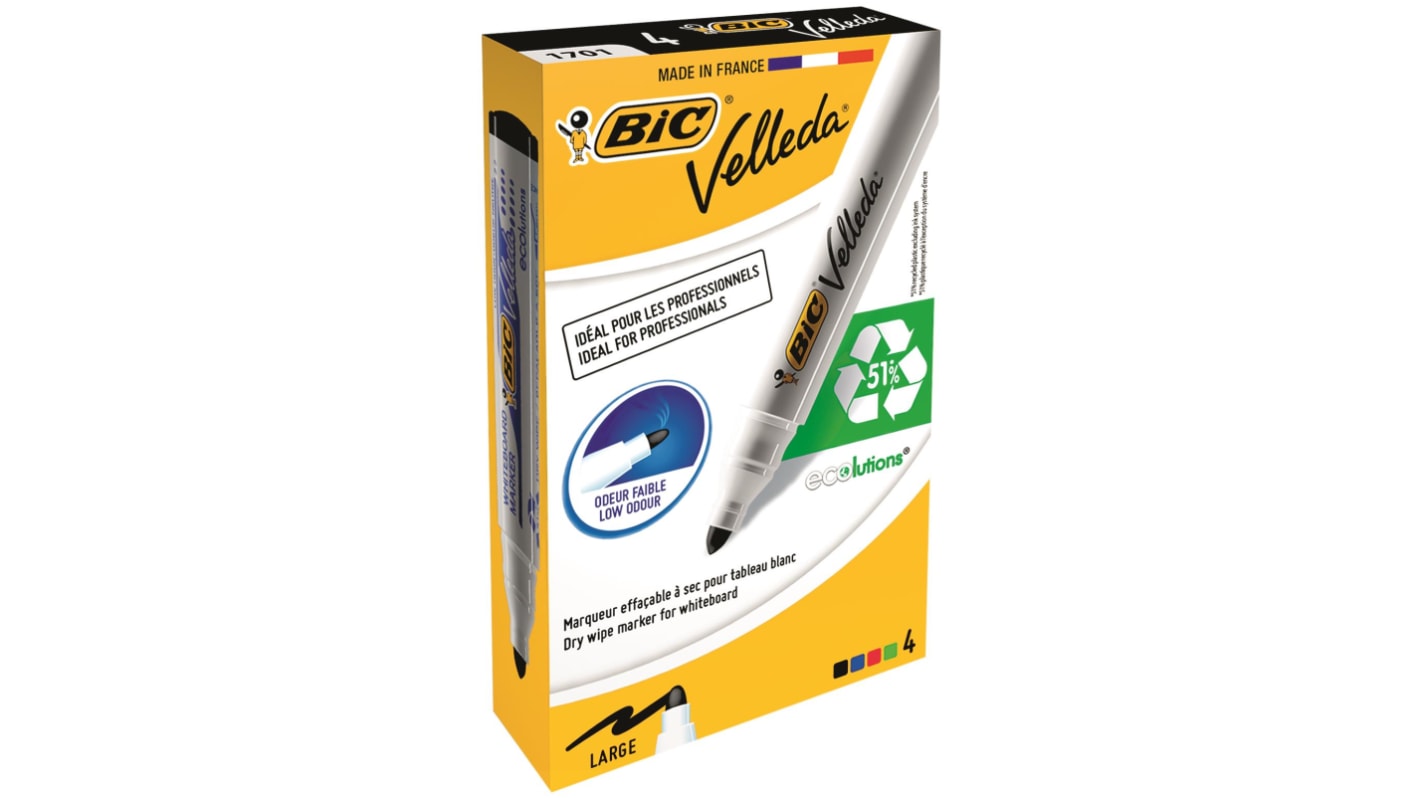 BIC White Board Marker, 4 Black, Blue, Green, Red, White, 1.5 mm Tip Size