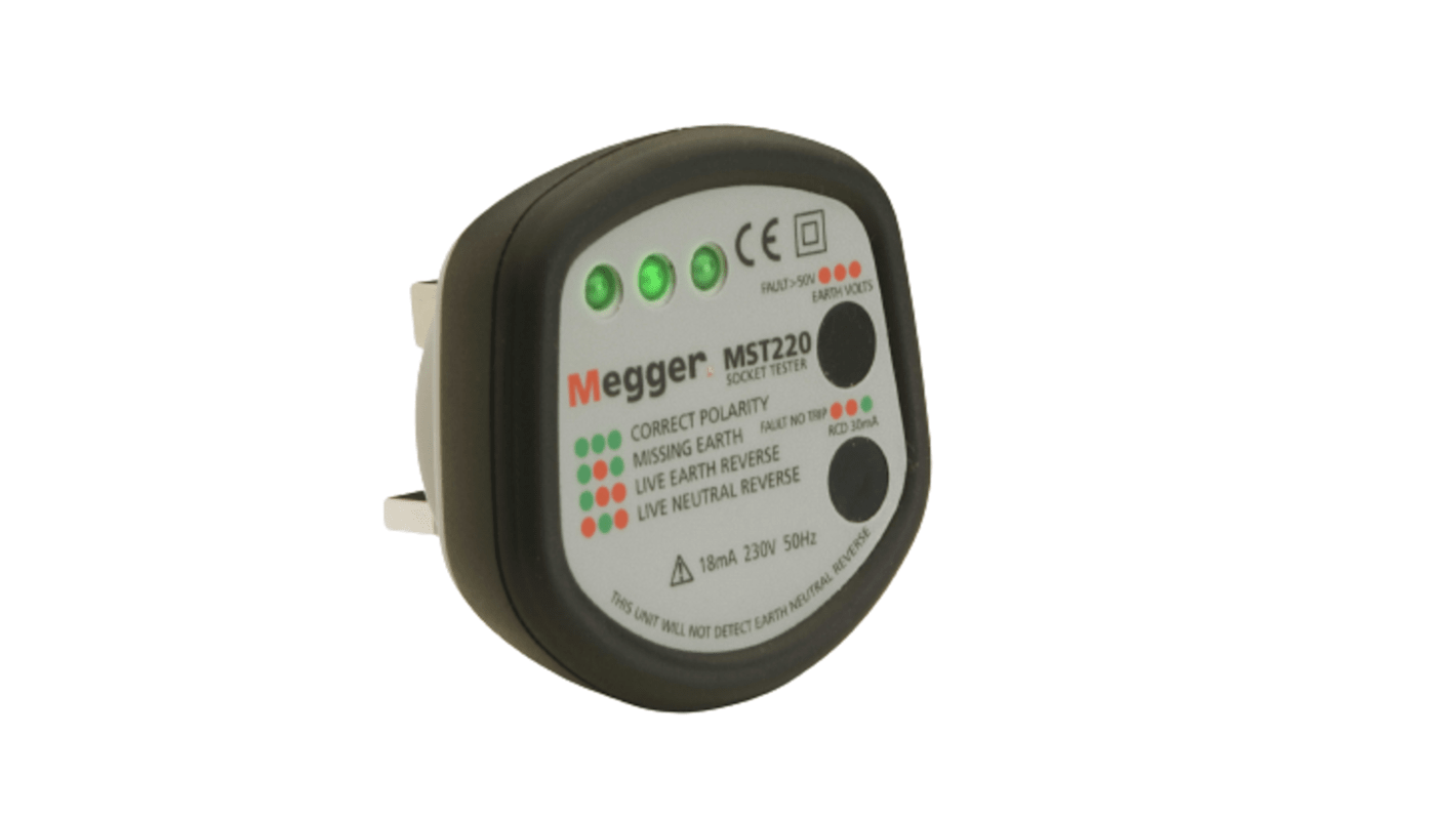 Comprobador de tomas eléctricas Megger MST220, calibrado RS, 230V ac, para tomas de 3 pines, CAT II 330V