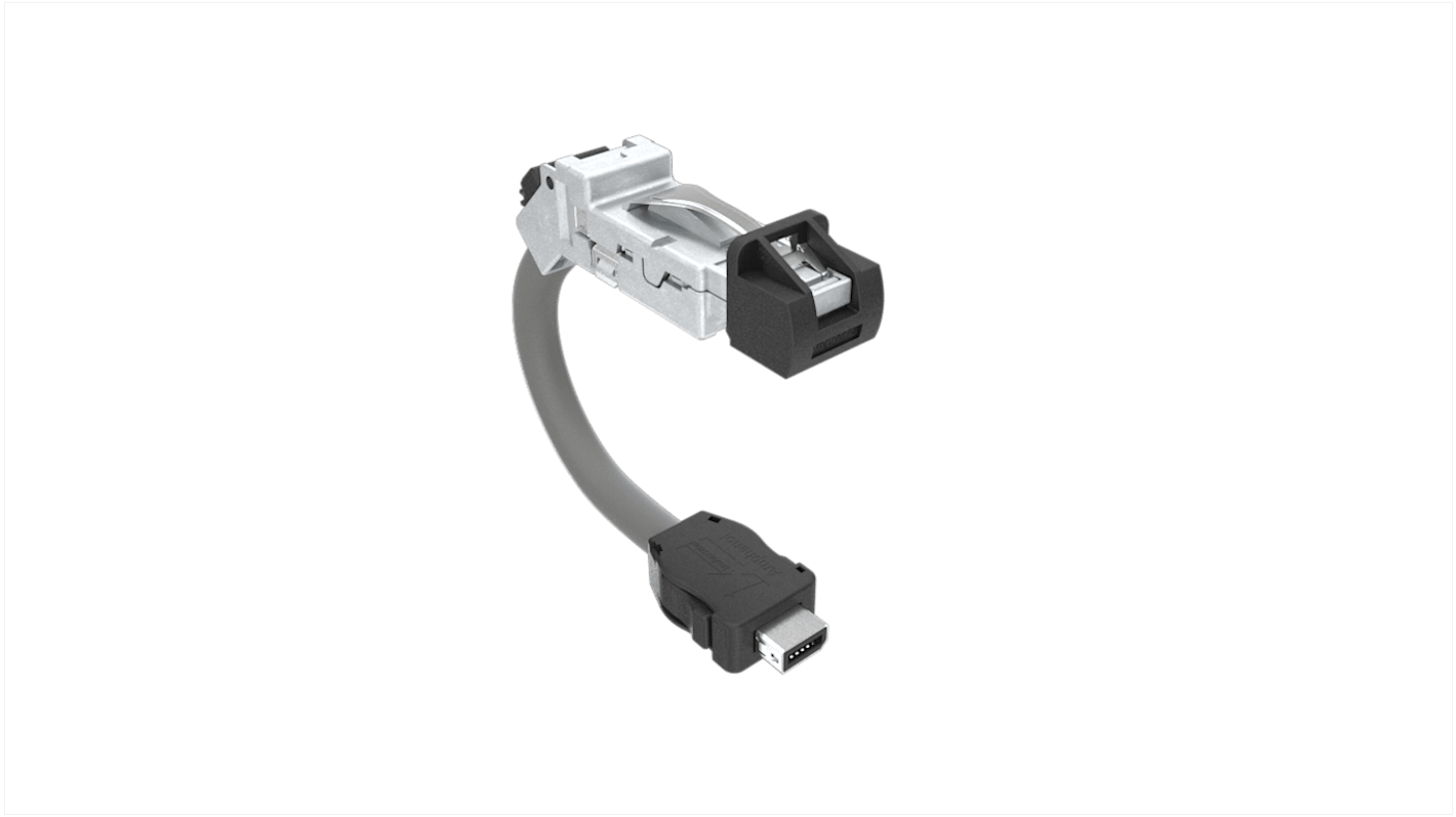 Amphenol Communications Solutions Cat6a 45° Male RJ45 to Straight Male ix Industrial Ethernet Cable, Shielded, Grey