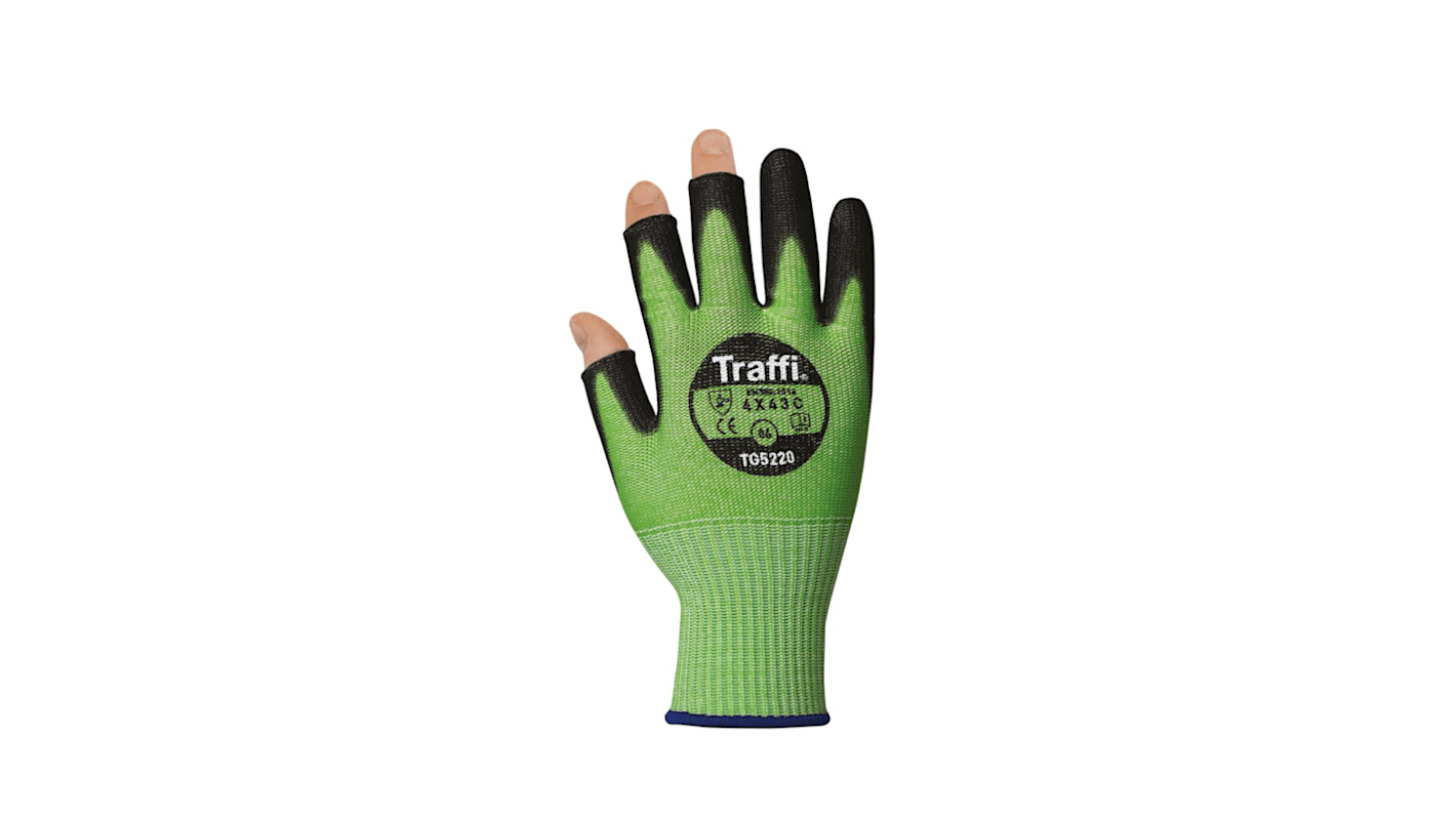 Guantes de uso general de Elastano, Fibra de vidrio, HPPE, Poliéster Verde Traffi, talla 6, con recubrimiento de