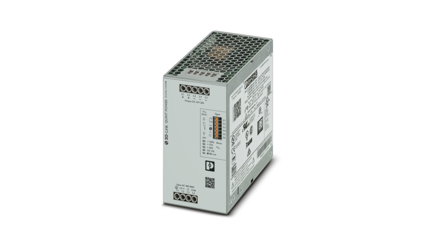 Phoenix Contact QUINT POWER DIN Rail Power Supply, 3 x 400V ac, 24V dc dc Output, 20A Output, 541VA