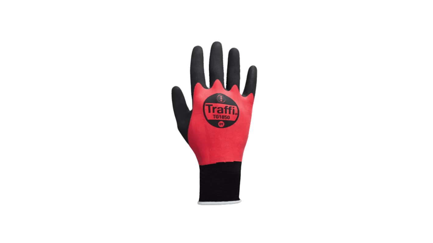 Traffi TG1850 Black/Red Elastane, Nylon Safety Gloves, Size 7, Small, Natural Rubber Coating