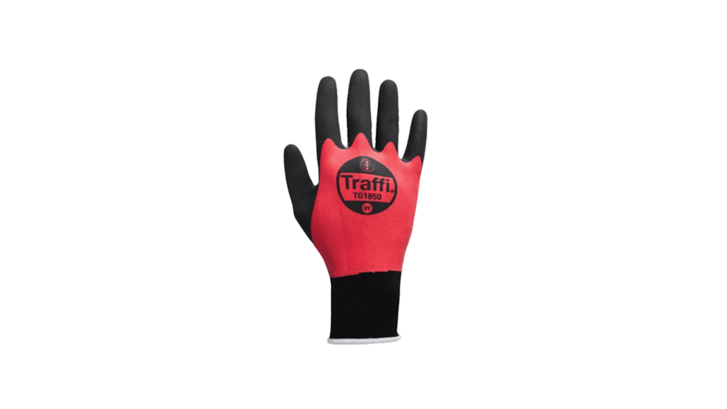 Traffi TG1850 Black/Red Elastane, Nylon Safety Gloves, Size 8, Medium, Natural Rubber Coating