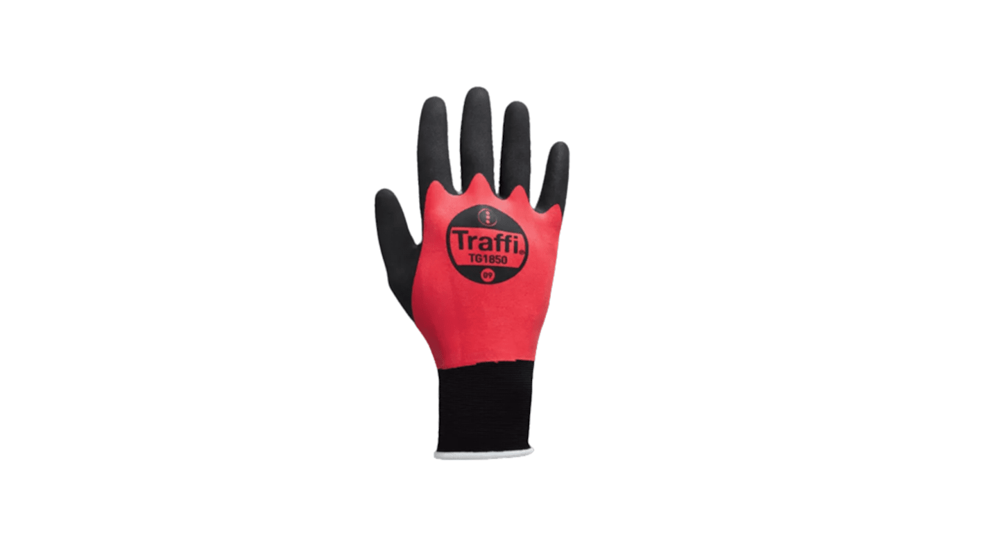 Traffi TG1850 Black/Red Elastane, Nylon Safety Gloves, Size 9, Natural Rubber Coating