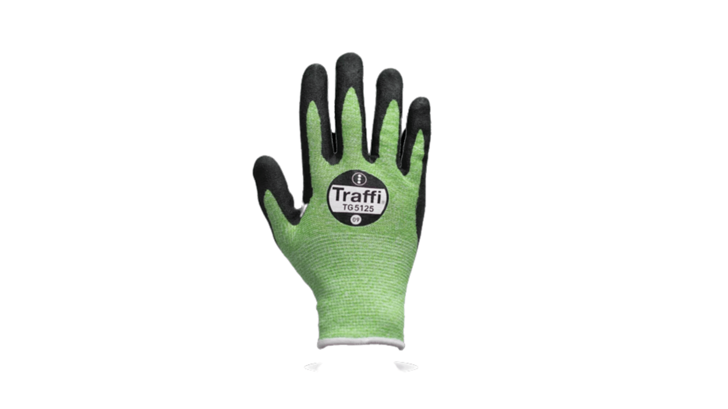 Traffi TG5125 Black, Green Cotton, Elastane, HPPE, Polyester, Steel Safety Gloves, Size 8, Medium, Nitrile Foam Coating