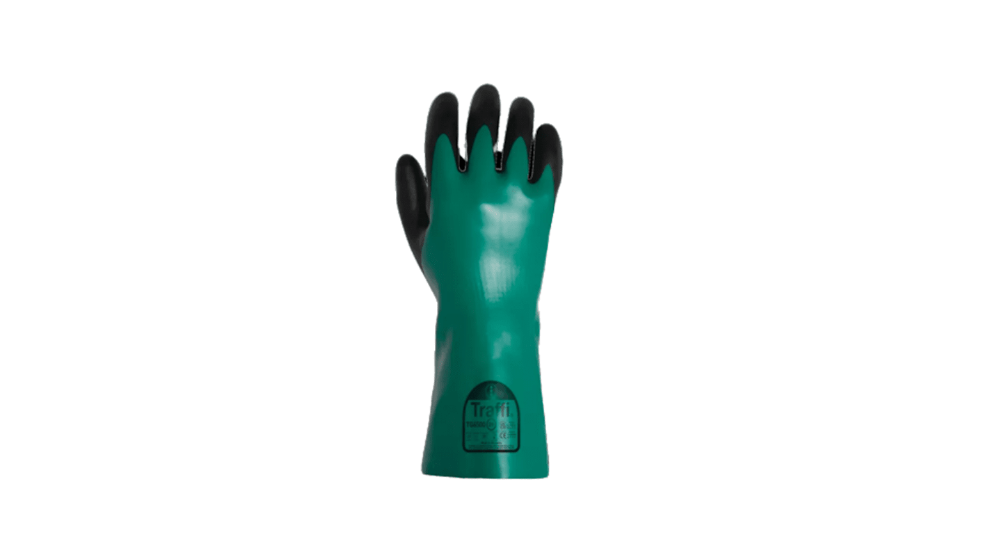 Traffi TG6500 Black, Green Cotton Safety Gloves, Size 7, NBR Coating