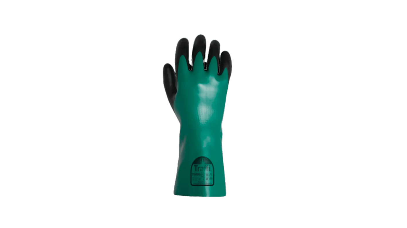 Traffi TG6500 Black, Green Cotton Safety Gloves, Size 9, Large, NBR Coating