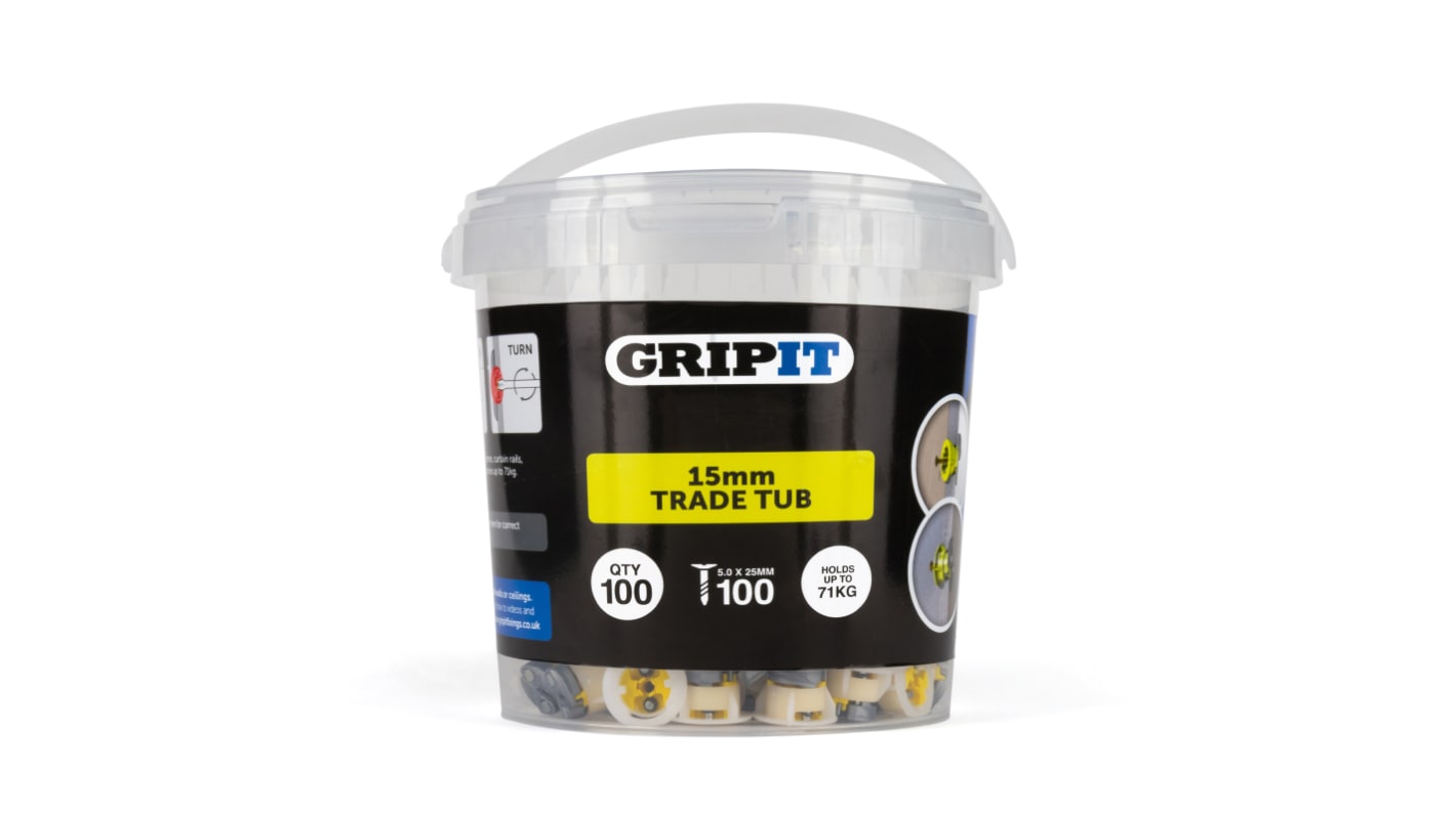 Gripit Yellow Plastic, Steel Plasterboard Fixings, 15mm fixing hole diameter