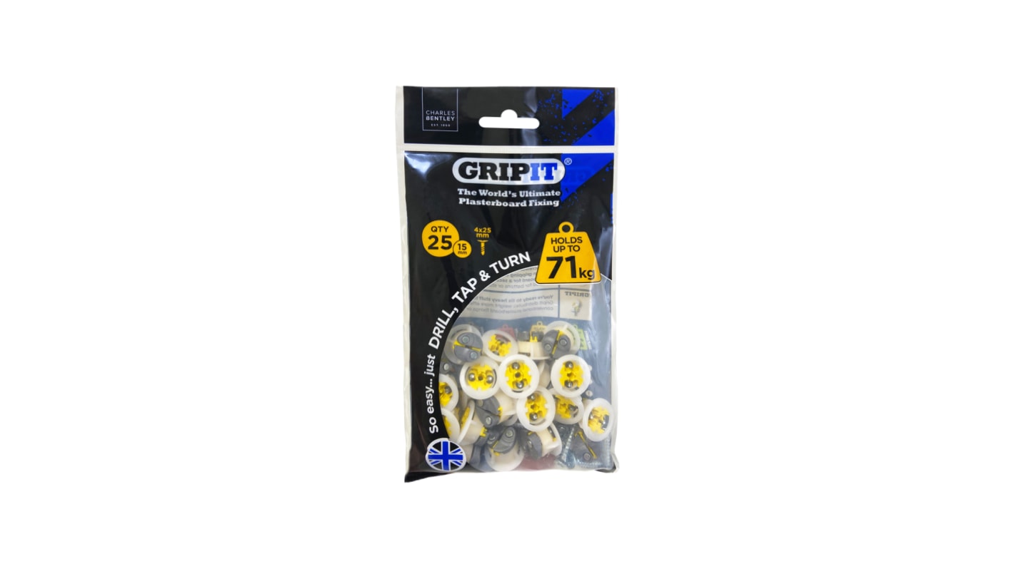 Gripit Yellow Plastic, Steel Plasterboard Fixings, 15mm fixing hole diameter