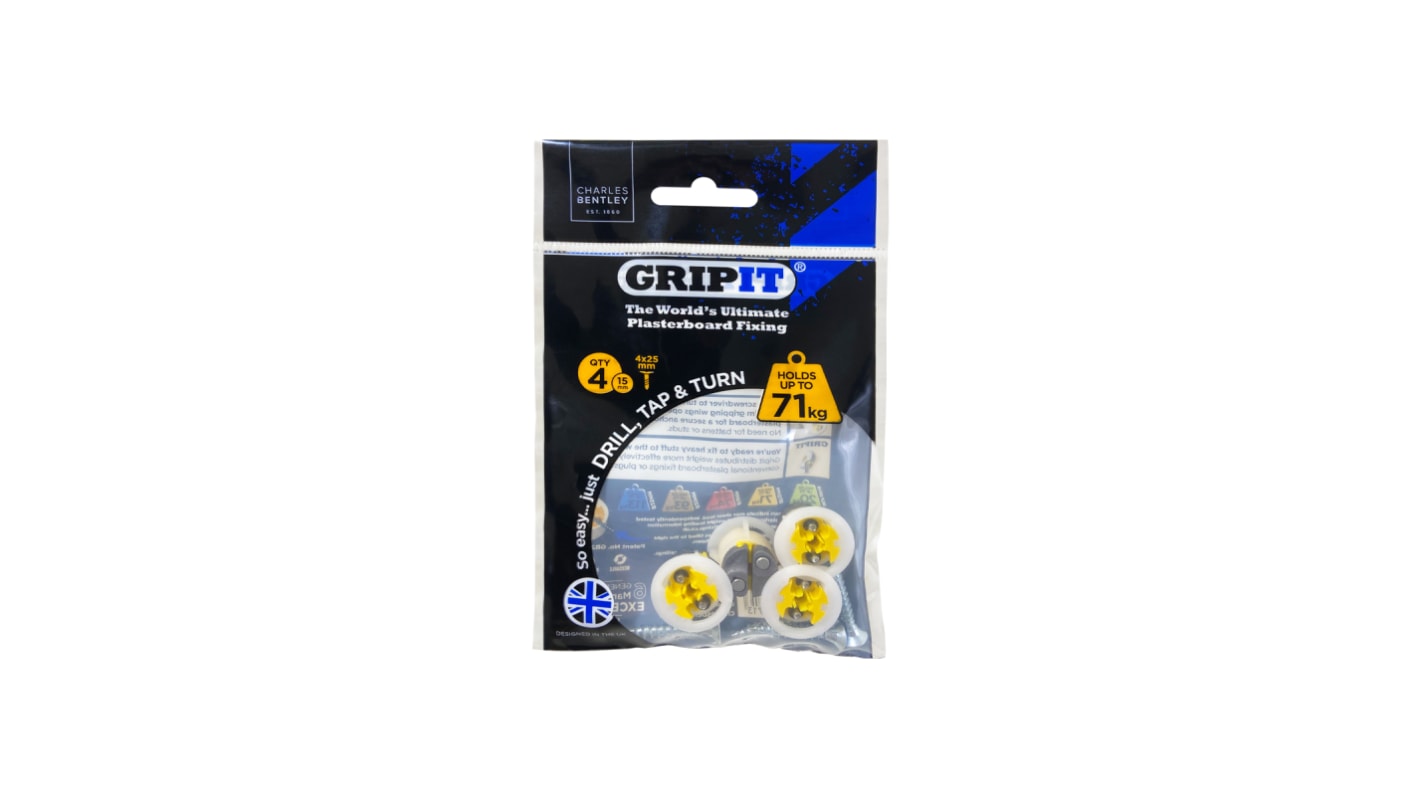 Gripit Yellow Plastic, Steel Plasterboard Fixings, 15mm fixing hole diameter