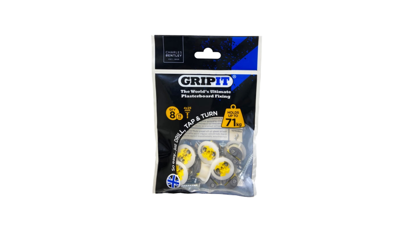 Gripit Yellow Plastic, Steel Plasterboard Fixings, 15mm fixing hole diameter