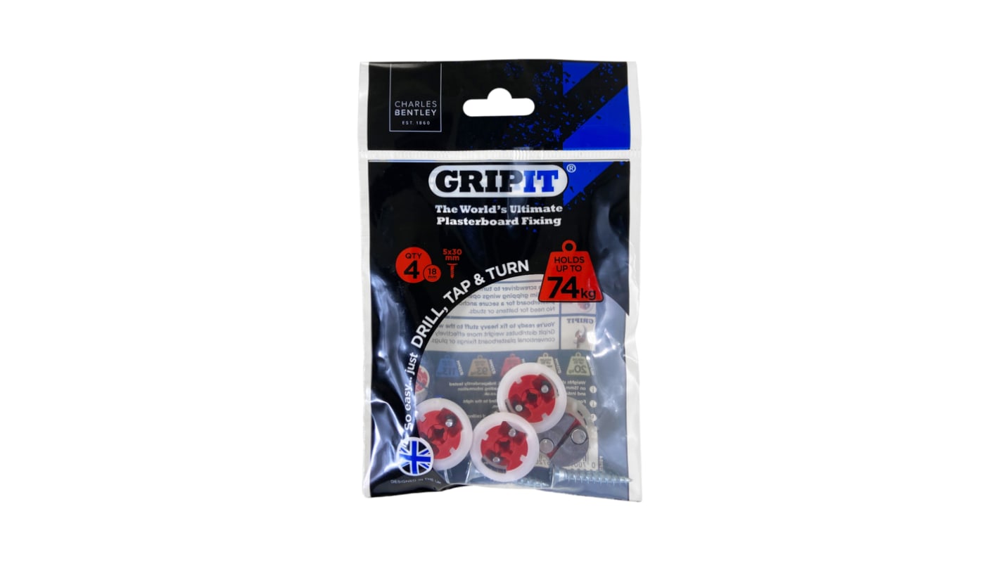 Gripit Red Plastic, Steel Plasterboard Fixings, 18mm fixing hole diameter