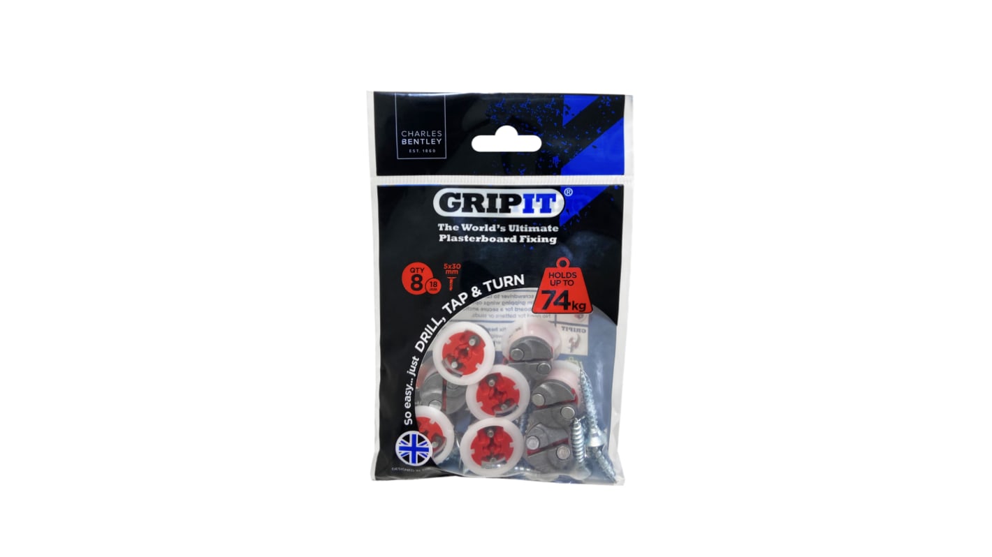 Gripit Red Plastic, Steel Plasterboard Fixings, 18mm fixing hole diameter
