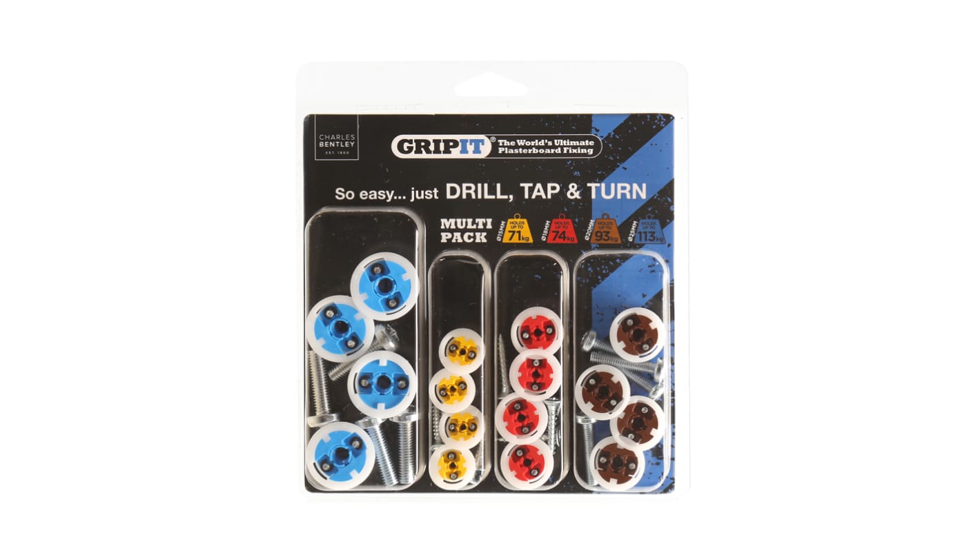 Gripit Blue, Brown, Red, Yellow Plastic, Steel Plasterboard Fixings, 15 / 18 / 20 / 25mm fixing hole diameter