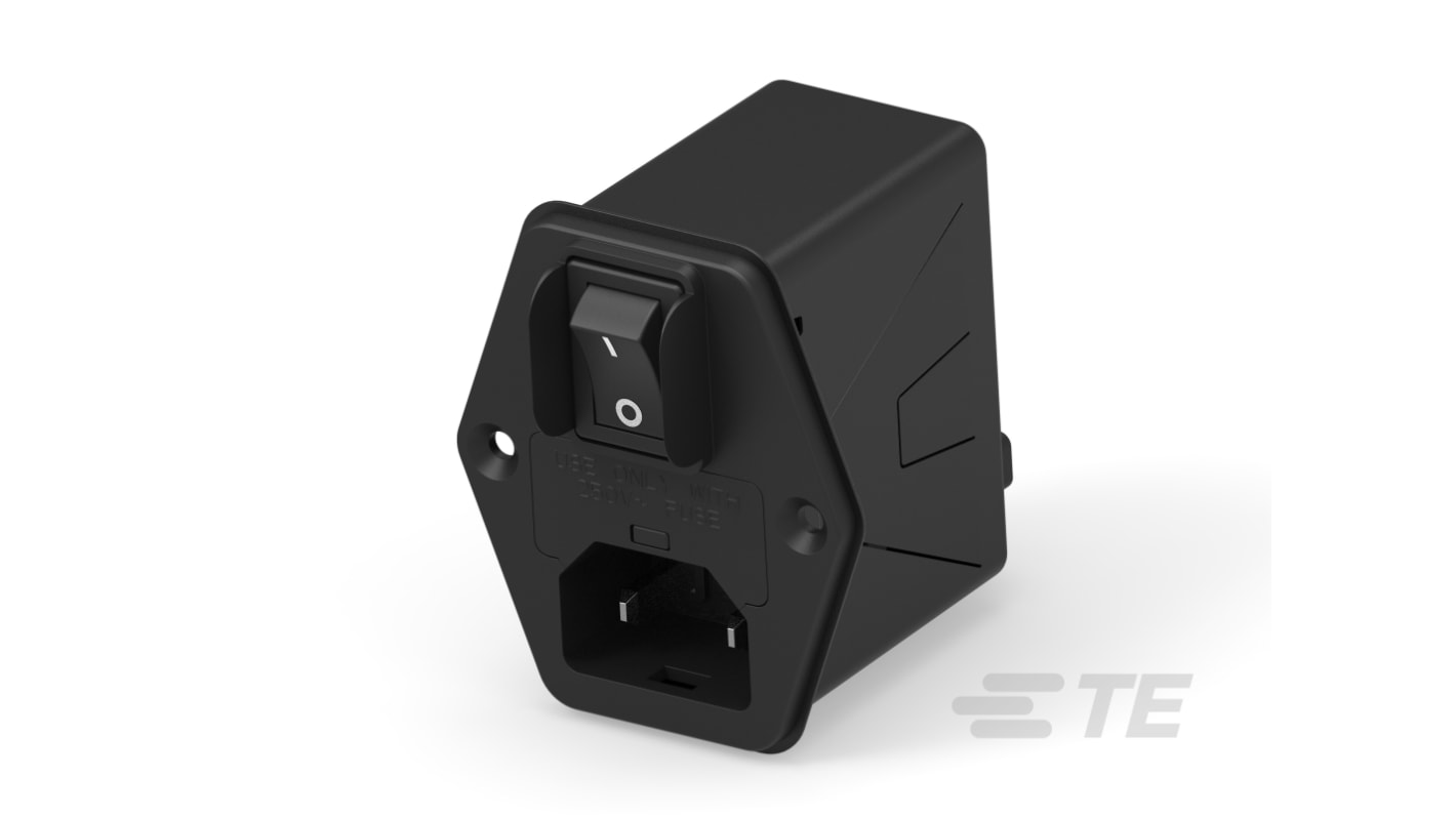 TE Connectivity 6A, 120 → 250 V ac Male Vertical Mount IEC Inlet Filter 2 Pole 6HPEGS1-NG, Faston 1 Fuse