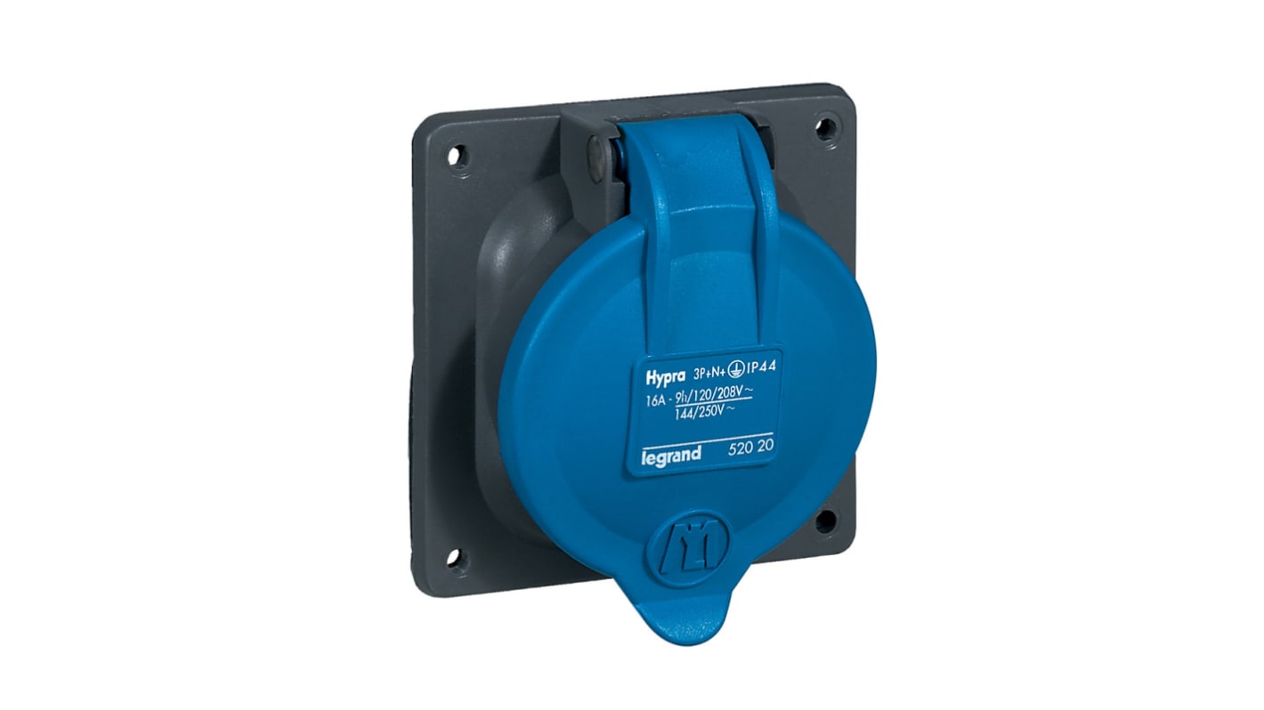 Conector hembra Macho, Formato 3P + N + E, Hypra, Azul, 250 V, 16A, IP44