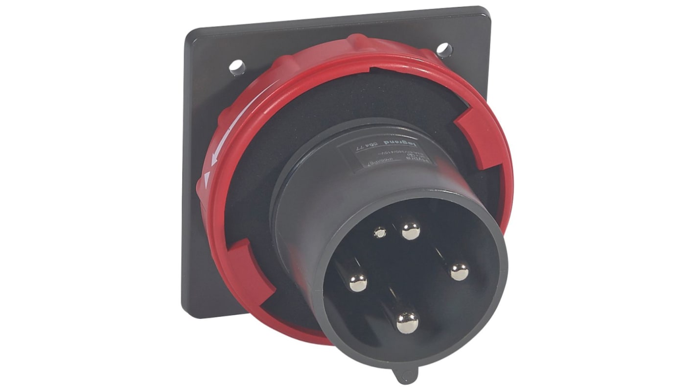 Legrand, Hypra IP67 Red Panel Mount 3P+E Industrial Power Plug, Rated At 63A, 415 V No