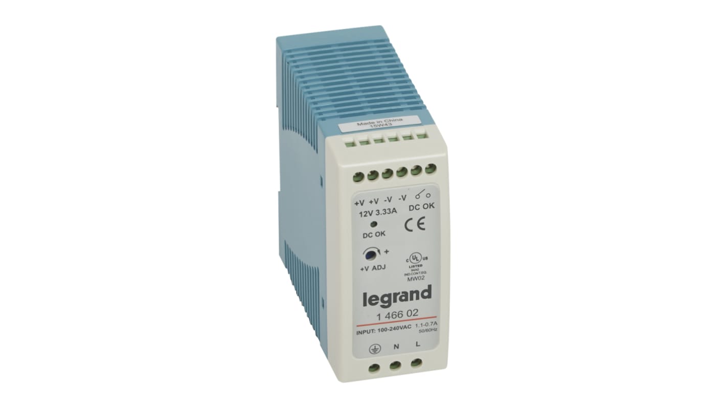 Fuente de alimentación conmutada Legrand, 12V dc, 3.33A, 40W, Carril DIN simétrico