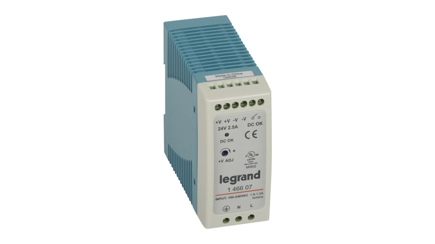 Legrand Switching Power Supply, 1 466 07, 24V dc, 2.5A, 60W, 100 → 240V ac Input Voltage