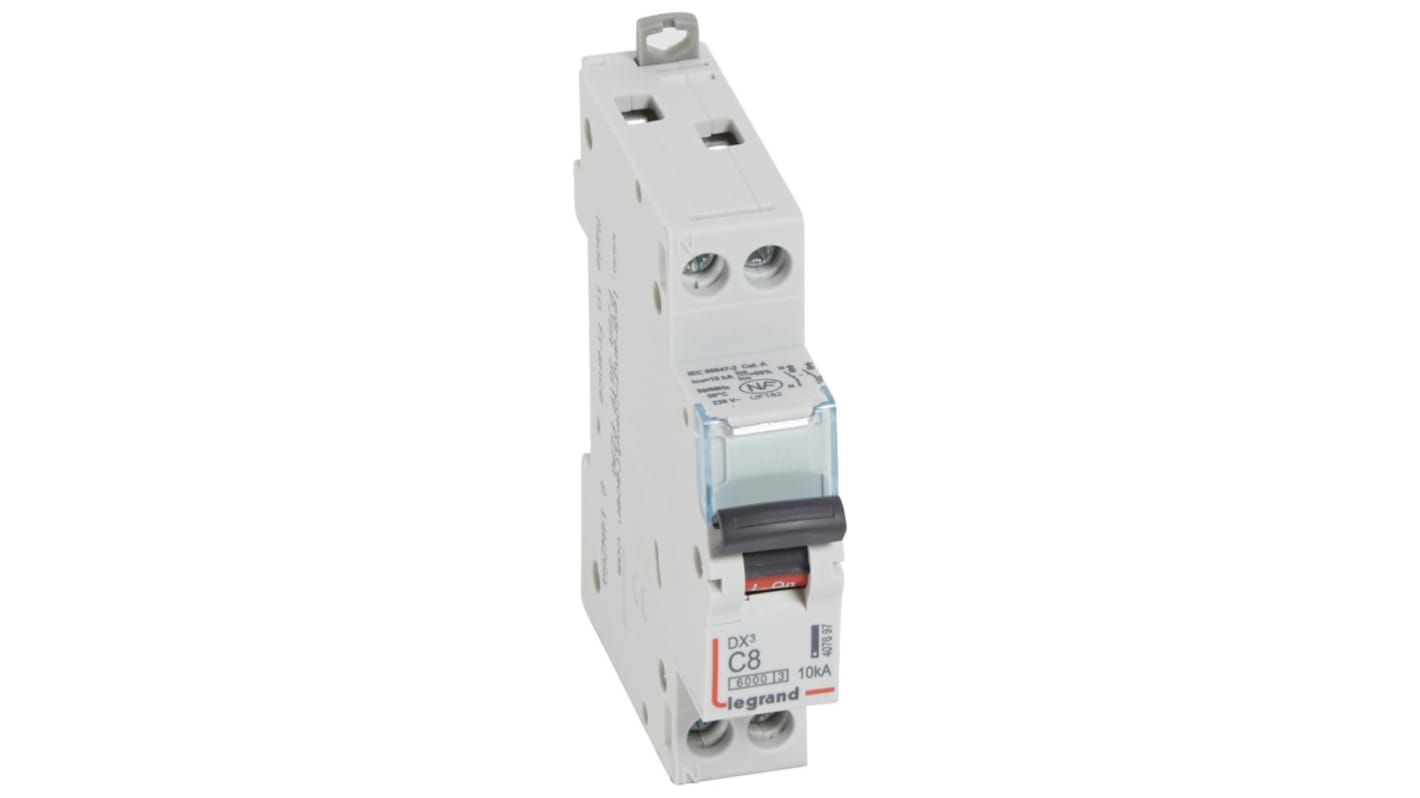 Legrand DX3 Circuit Breaker, 2P, 8A Curve C, 230V AC, 10 kA Breaking Capacity