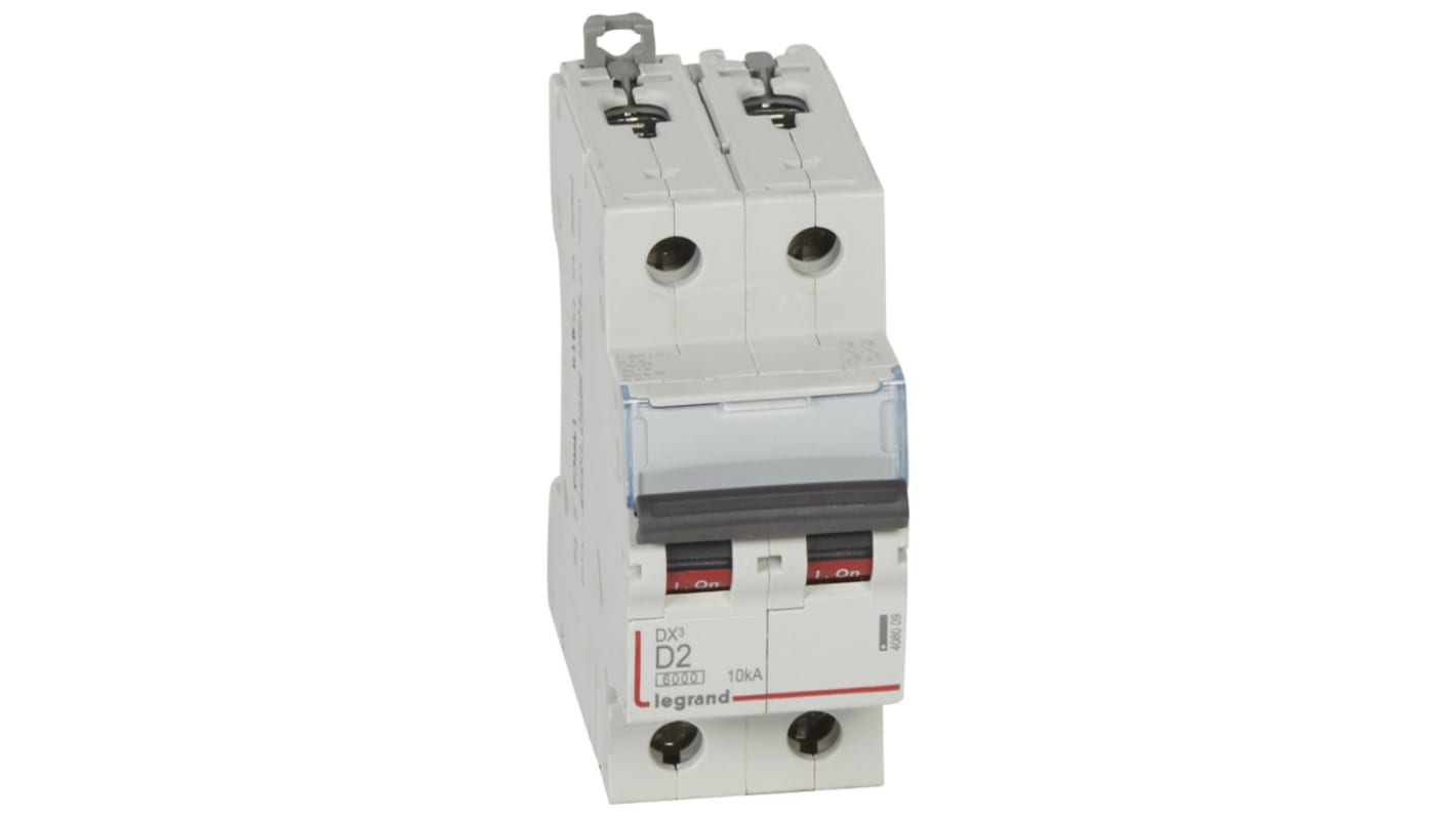 Legrand DX3 Circuit Breaker, 2P, 2A Curve D, 400V AC, 10 kA Breaking Capacity