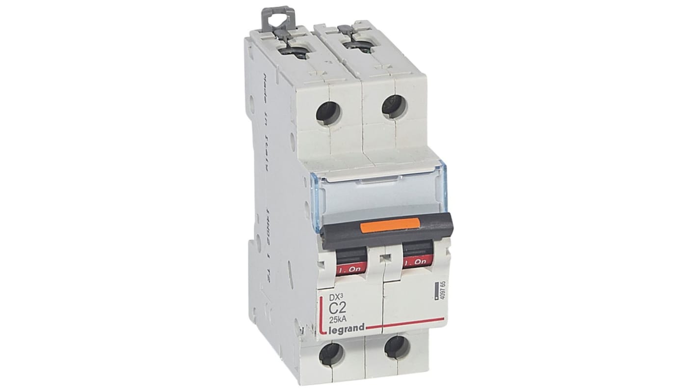 Legrand DX3 Circuit Breaker, 2P, 2A Curve C, 400V AC, 25 kA Breaking Capacity