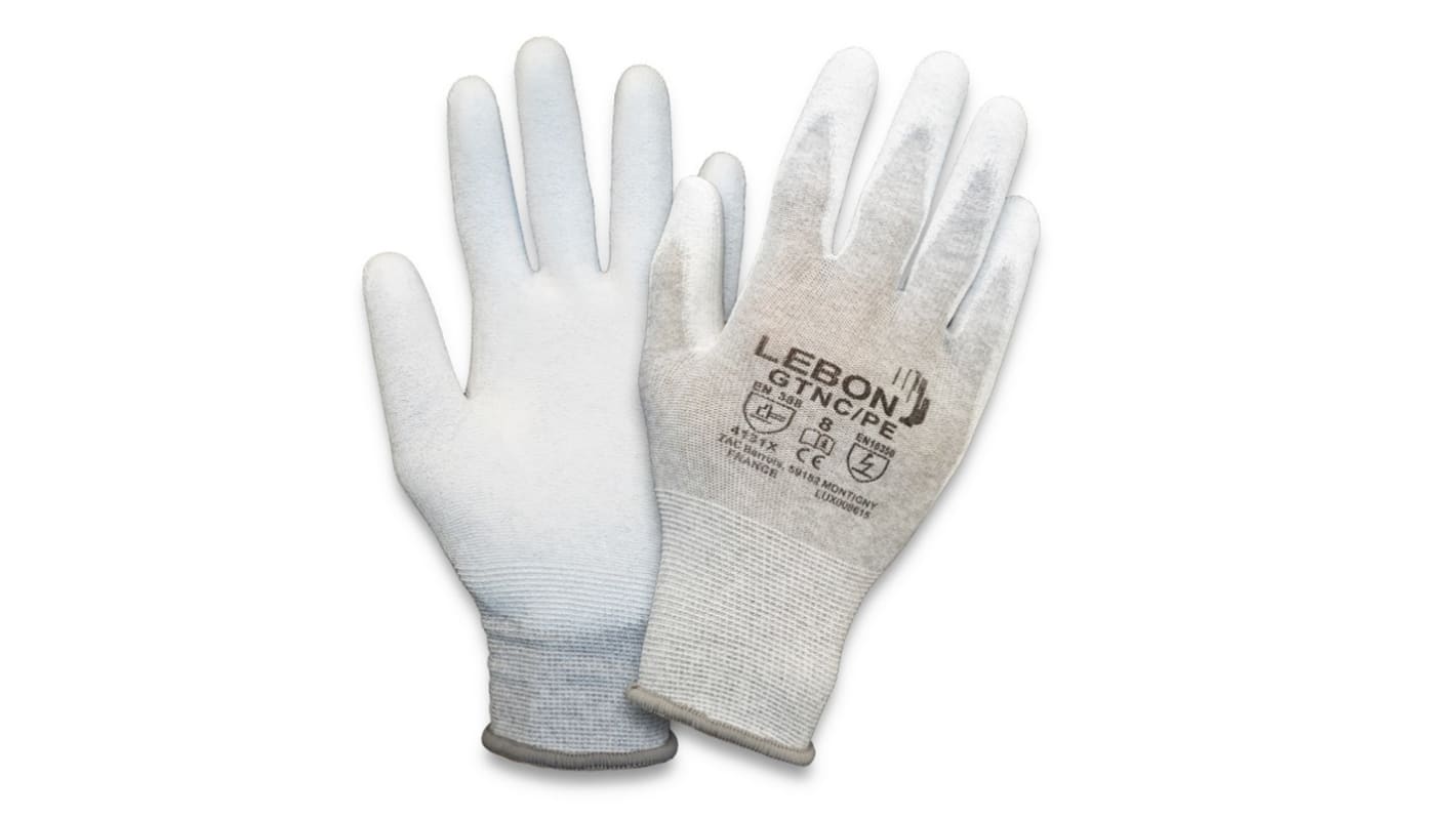 Guantes de Poliamida Blanco Lebon Protection serie GTNC/PE, talla 8, con recubrimiento de Poliuretano, Resistentes a la