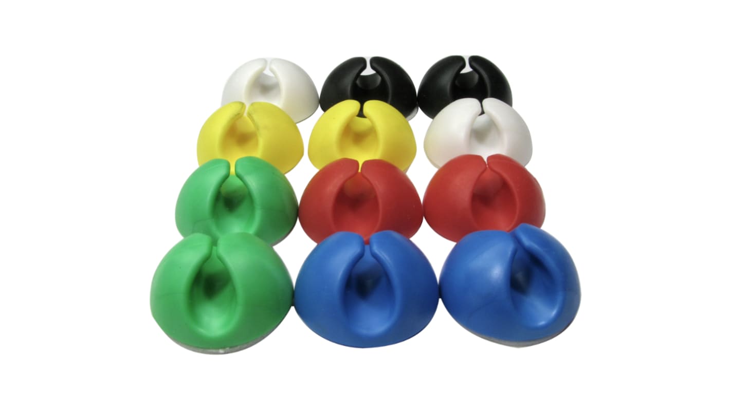 Clip RS PRO in PVC, Ø fascio 5mm max, 30 x 30 x 15mm, col. Nero; blu, verde, rosso, bianco, giallo, Autoadesivo