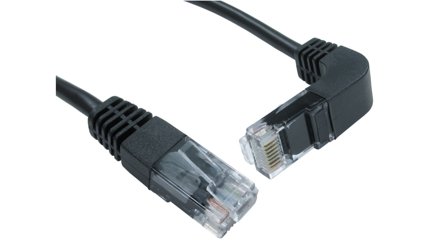 RS PRO Cat5e Straight Male RJ45 to Right Angle Male RJ45 Ethernet Cable, UTP, Black PVC Sheath, 500mm