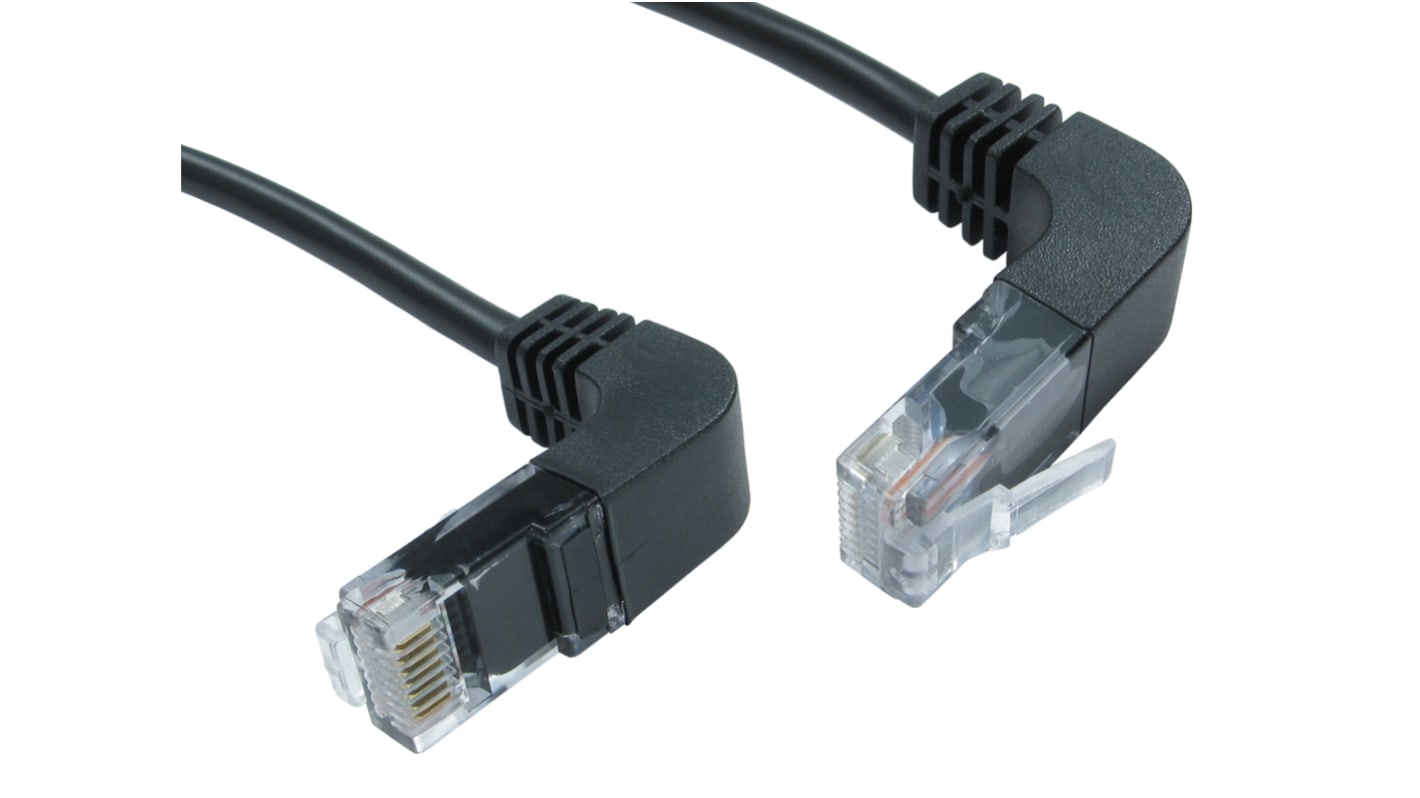 RS PRO Cat5e Right Angle Male RJ45 to Right Angle Male RJ45 Ethernet Cable, UTP, Black PVC Sheath, 2m