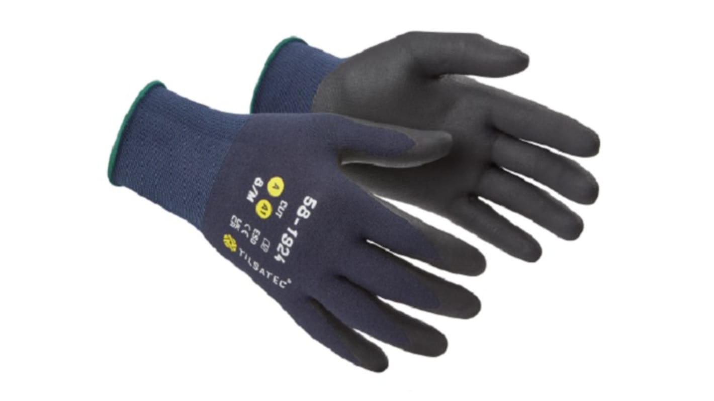 Gants de manutention Tilsatec taille 8, M, Résistant aux coupures, Noir (revêtement), Bleu foncé (doublure)