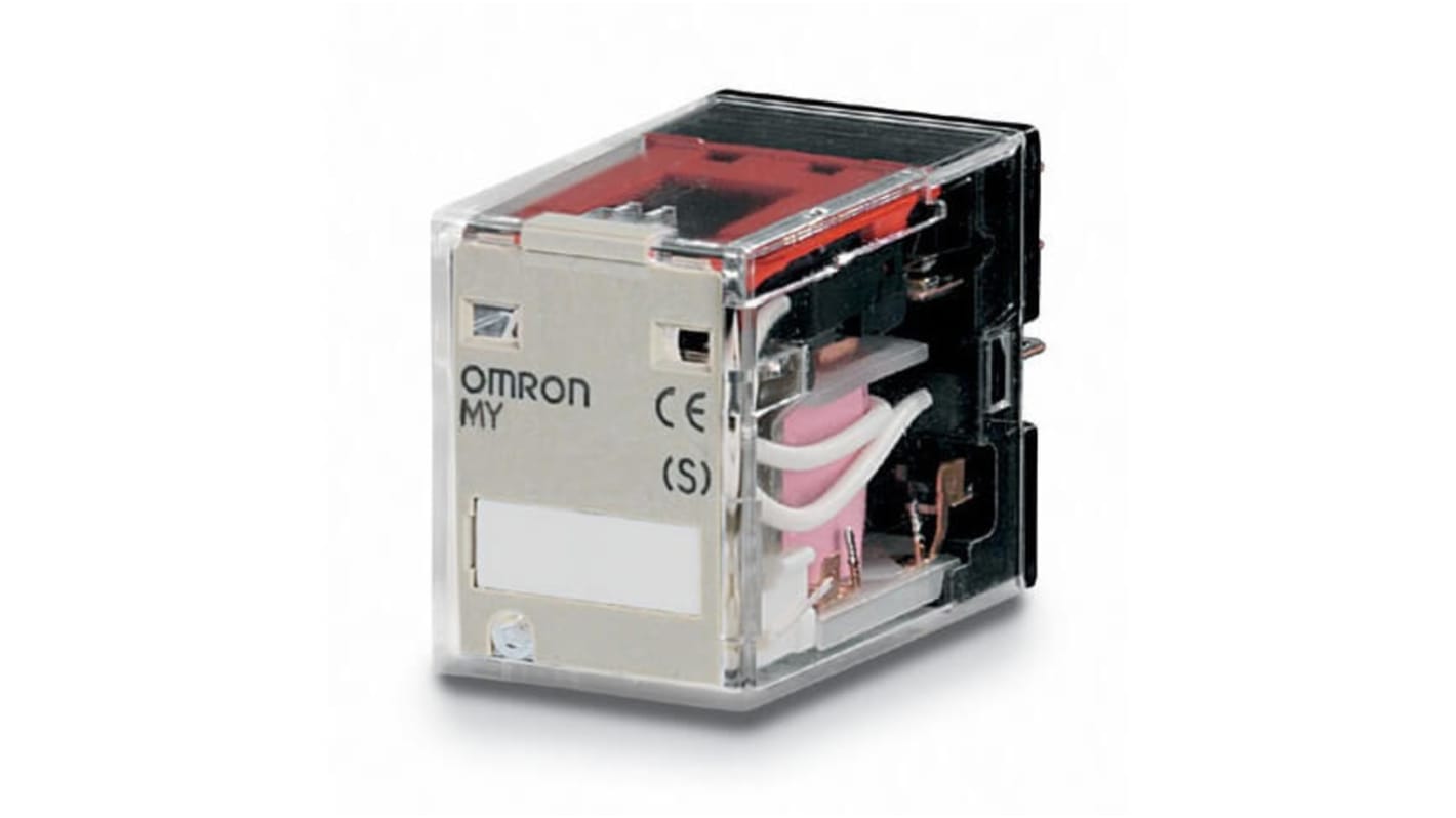 Relé de potencia con enclavamiento Omron de 2 polos, DPDT, bobina 24V ac, 10A, enchufable