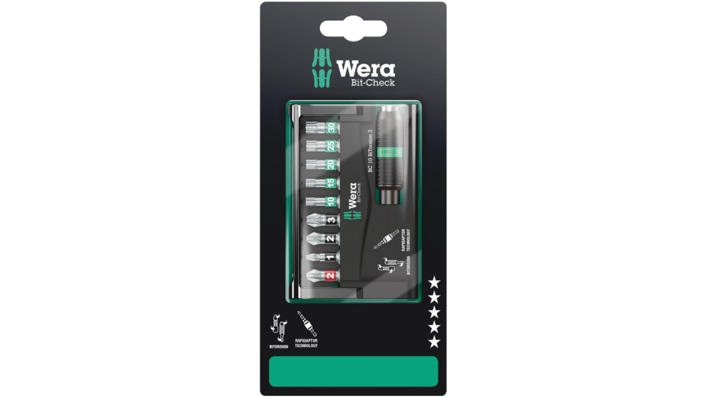 Juego de puntas de atornillar Wera de 10 piezas, puntas Hexagonal, Phillips, Pozidriv, Torx