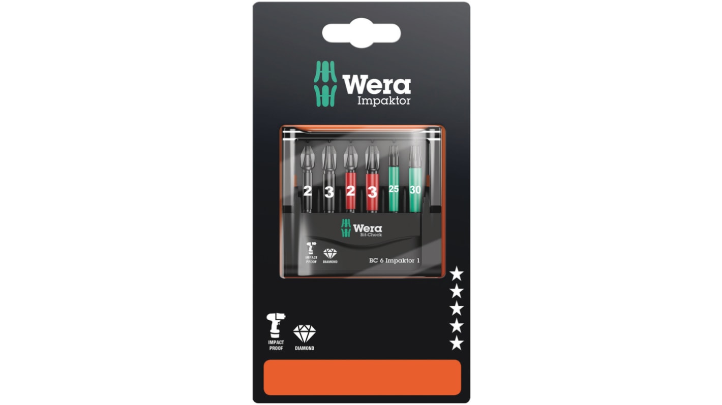 Juego de puntas de atornillar Wera de 6 piezas, puntas Phillips, Pozidriv, Torx