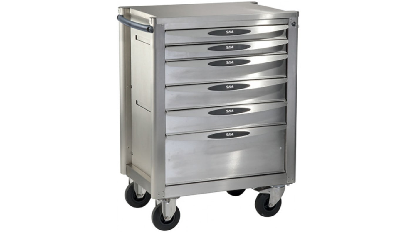 SAM 6 drawer Stainless Steel Wheeled Tool Trolley, 940mm x 710mm x 565mm