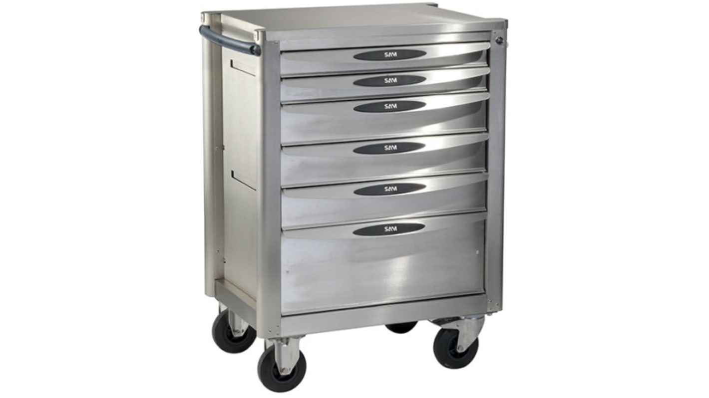 Carrello porta attrezzi con ruote SAM in Acciaio inox, 6 cassetti, 940mm X 710mm X 565mm