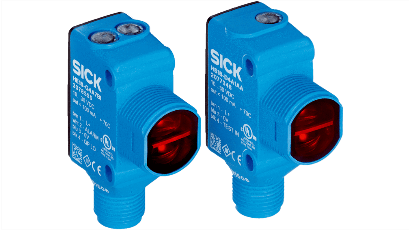 Fotocélula rectangular Sick Haz pasante, alcance 20 m, salida PNP, Conector macho M12, IP67, IP69K