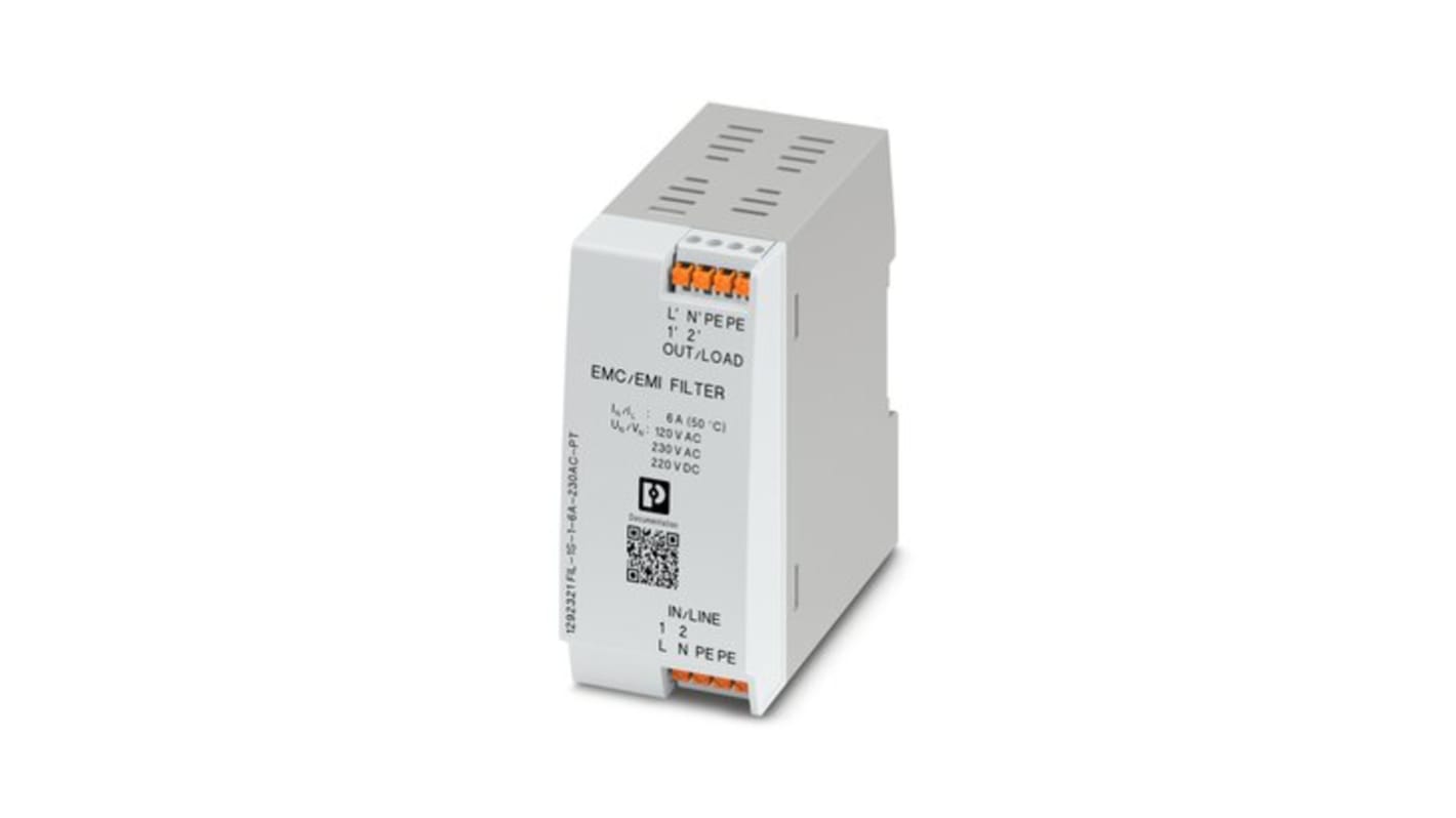 Phoenix Contact EMC filter, DIN-skinne, 6A, 230 V ac, Antal faser: 1