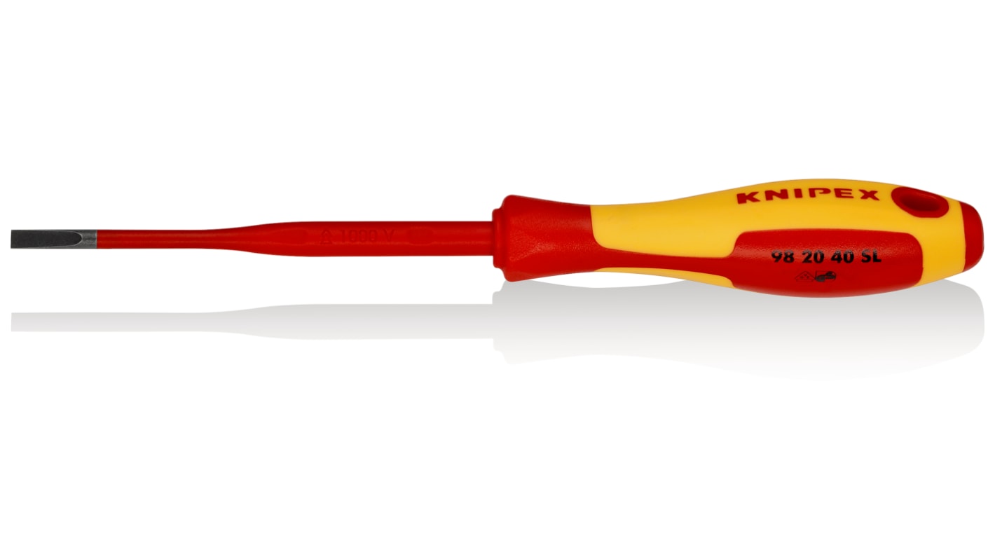 Knipex Slotted Insulated Screwdriver, 4 mm Tip, 125 mm Blade, VDE/1000V, 202 mm Overall