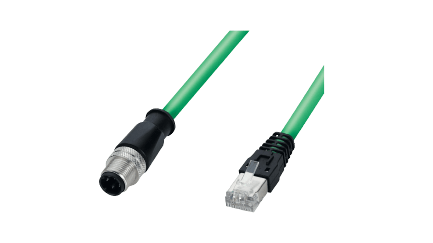 F Lutze Ltd Cat5 Straight Male RJ45 to Straight Male M12 Ethernet Cable, Shielded, Green PVC Sheath, 300mm