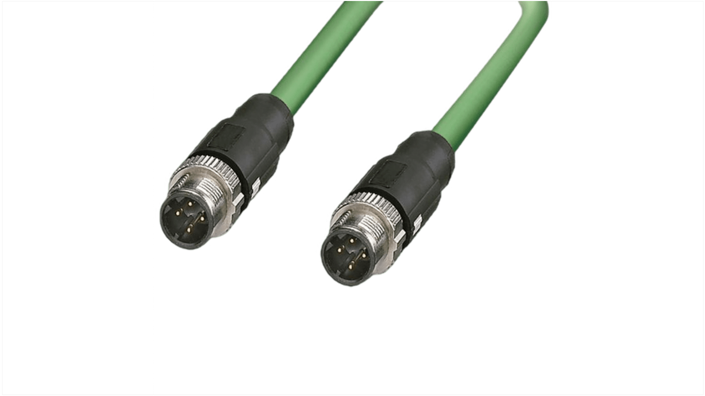 F Lutze Ltd Cat5e Straight Male M12 to Straight Male M12 Ethernet Cable, Shielded, Green Polyurethane Sheath, 300mm,