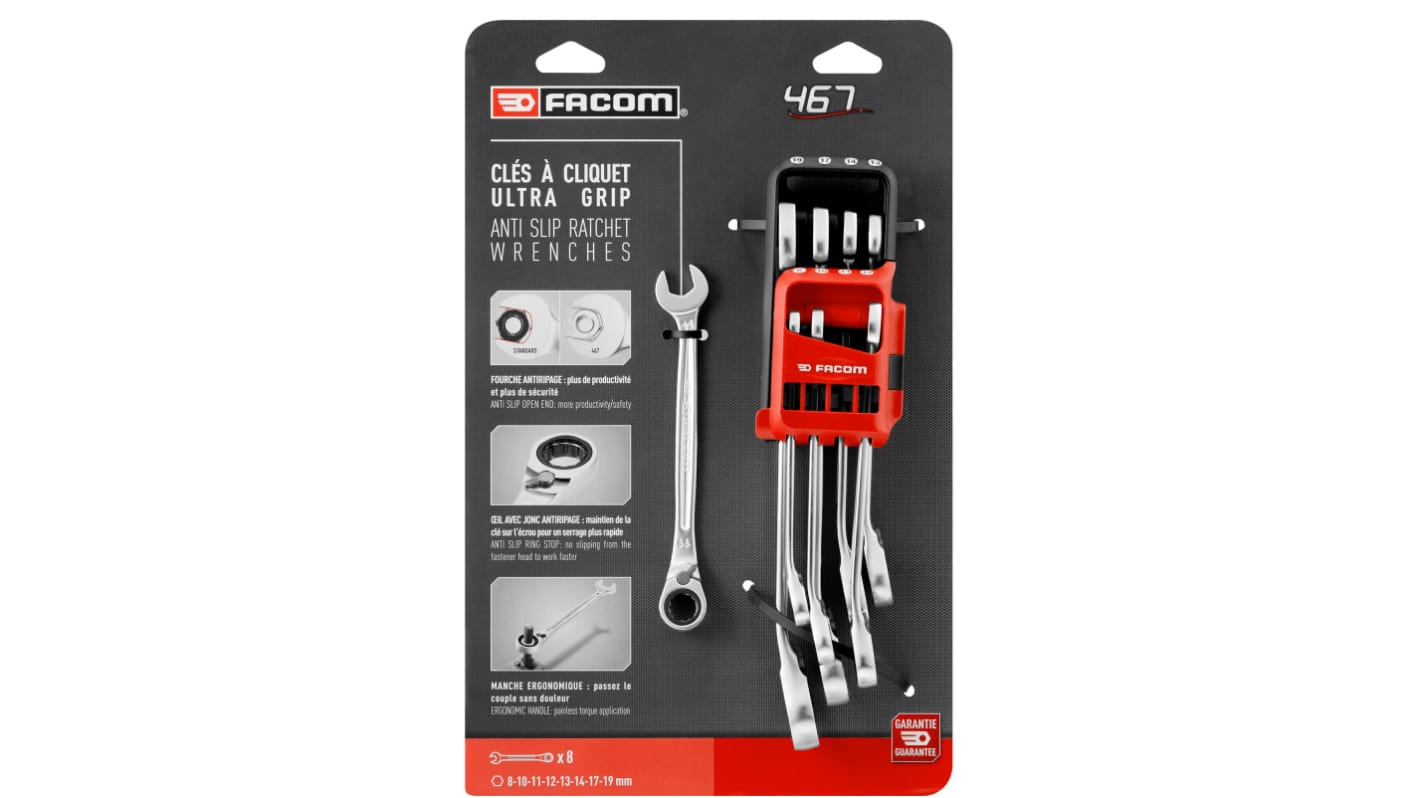 Facom 467 B open end wrenches with ratchet Series 8-Piece Combination Ratchet Spanner Set, 8 → 19, Chrome