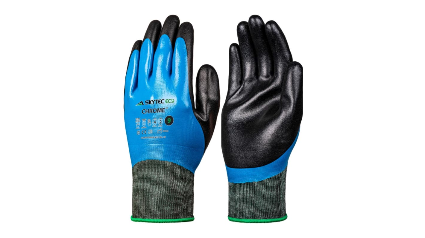Skytec Eco Chrome Black, Blue Polyester Cut Resistant Work Gloves, Size 7, Small, Nitrile Foam Coating