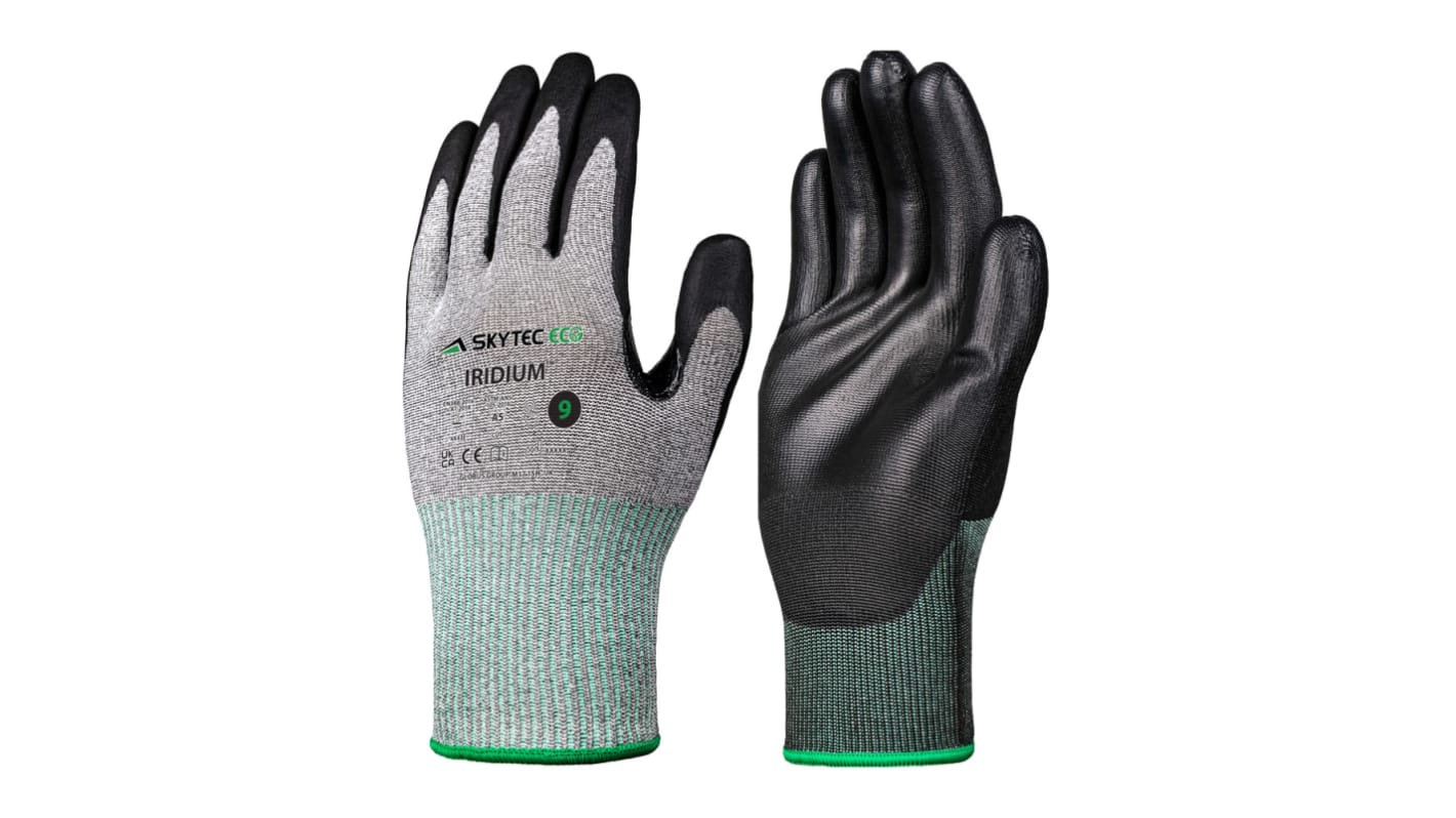 Skytec Eco Iridum Black, Grey HPPE, Polyester Cut Resistant Work Gloves, Size 6, XS, Polyurethane Coating