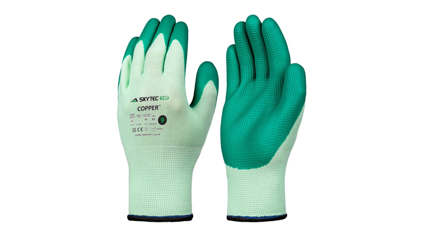 Guantes de trabajo de Poliéster Verde Skytec serie Eco Copper, talla 7, con recubrimiento de Látex