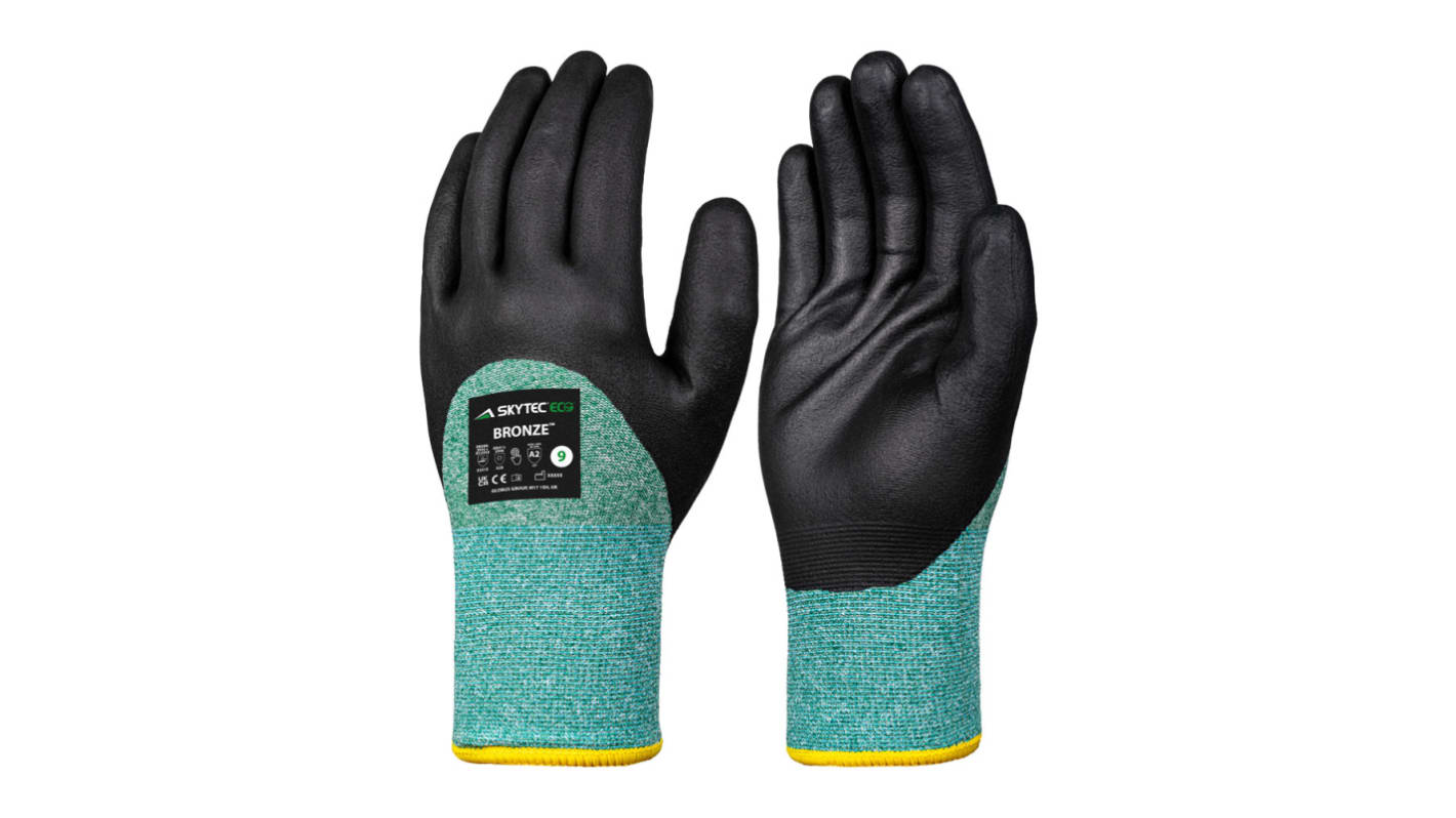 Guantes de trabajo de Poliéster Negro, verde Skytec serie Eco Bronze, talla 6, con recubrimiento de Espuma de nitrilo,