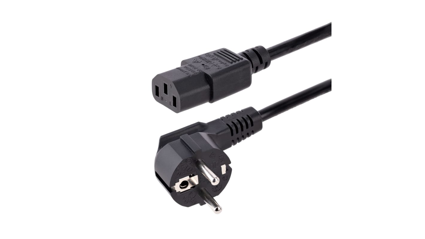 StarTech.com Netzkabel, A CEE 7/7 / Stecker abgewinkelt, B IEC C13 / Buchse gerade, 10 A, 1m Schwarz,  250 V