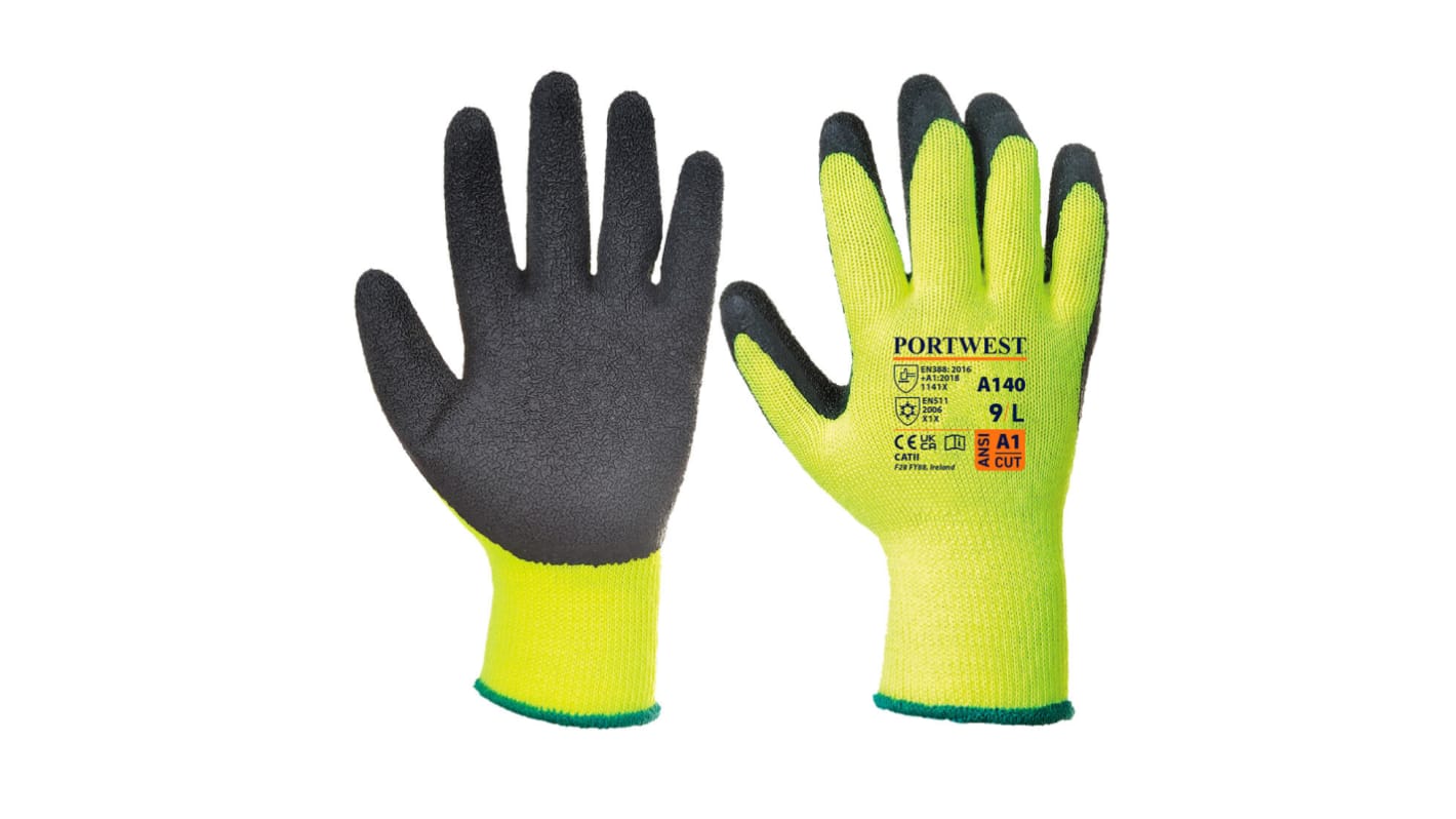 Guantes de Acrílico Negro Portwest serie A140BK, talla 11, con recubrimiento de Látex, Térmico